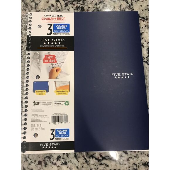 3 Subject Notebook 150 Sheets, Five Star‎ Wirebound College Ruled - Picture 1 of 4